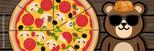 Pizza with toppings and cool bear in sunglasses on wooden background