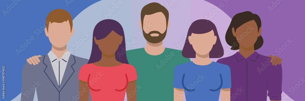 Diverse group of people standing in a circle on a blue and purple gradient Diverse group of people standing in a circle on a blue and purple gradient