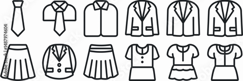 clean vector icon set of business clothing such as tie shirt jacket and skirt – great for office style guides, business websites, or fashion catalogs