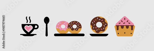 Vector cafe icon sheet with coffee cup, heart design, donut, bagel, scone on wooden board, and teaspoon – Ideal for cafe branding, food blogs, or menus.