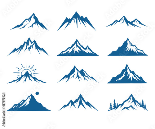 Twelve Blue Mountain Peak Illustrations for Design