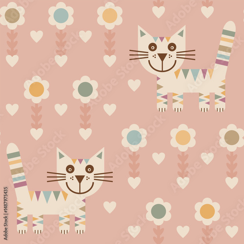 Little boho rainbow kitten cat girl amongst bold retro flowers and hearts muted bohemian rose pink