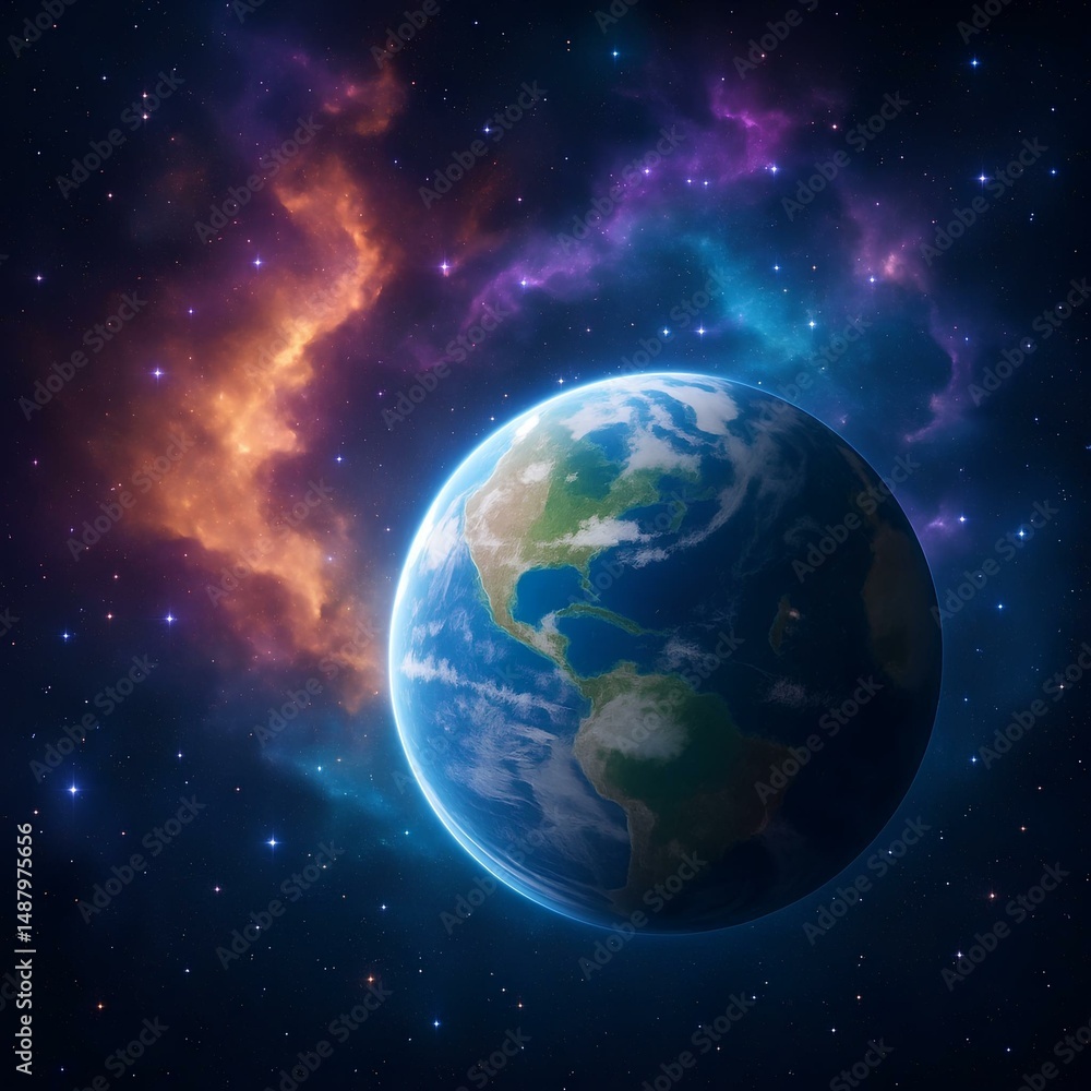 Obraz premium Earth with glowing nebula in cosmic background