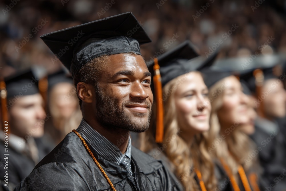 Fototapeta premium African male graduate in cap and gown sits with classmates during commencement ceremony, proud of academic achievement