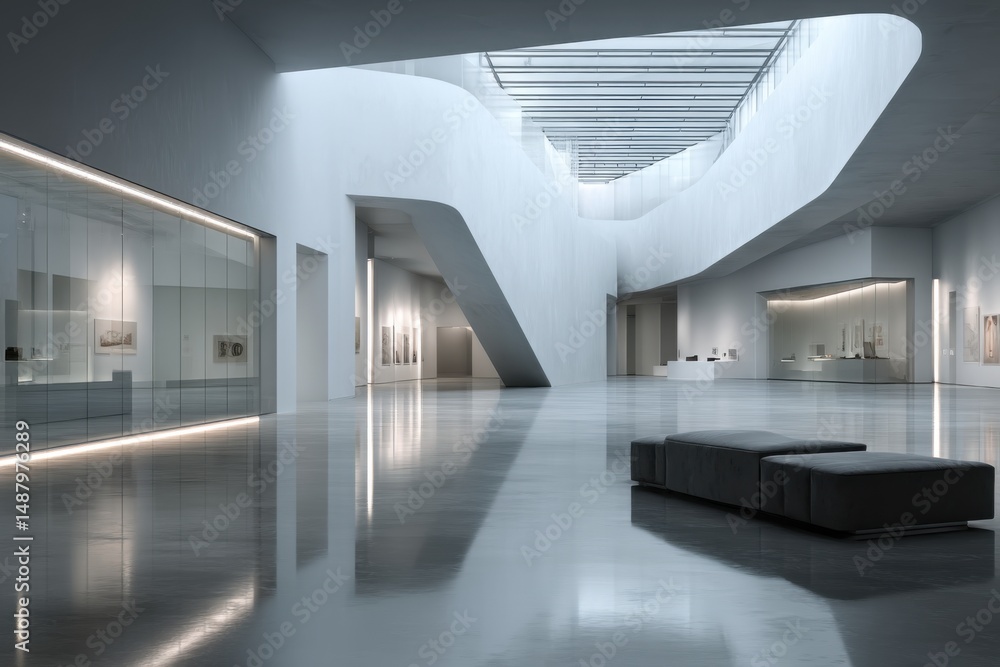 Open Modern Museum Lobby Interior with Polished Concrete Floor, Glass Display Cases, and Natural Skylight Open Modern Museum Lobby Interior with Polished Concrete Floor, Glass Display Cases, and Natural Skylight