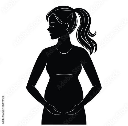 Silhouette of a Pregnant Woman with Long Hair in Profile on White Background