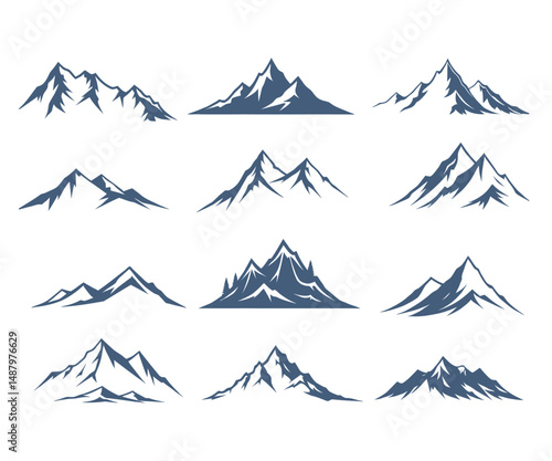 Twelve Unique Mountain Range Silhouettes for Design