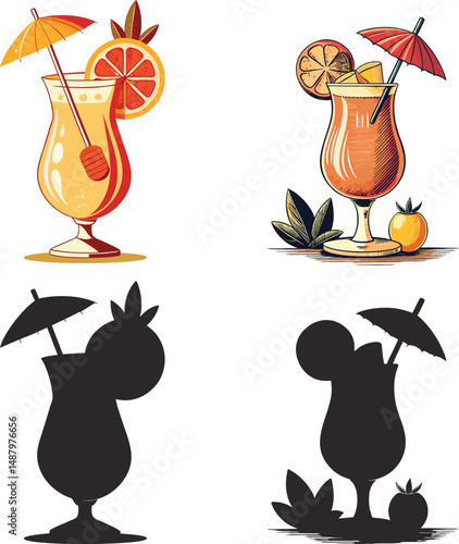 Summer cocktails with orange slices and umbrellas fun tropical drinks, An illustration featuring colorful and black and white versions of a refreshing summer cocktail