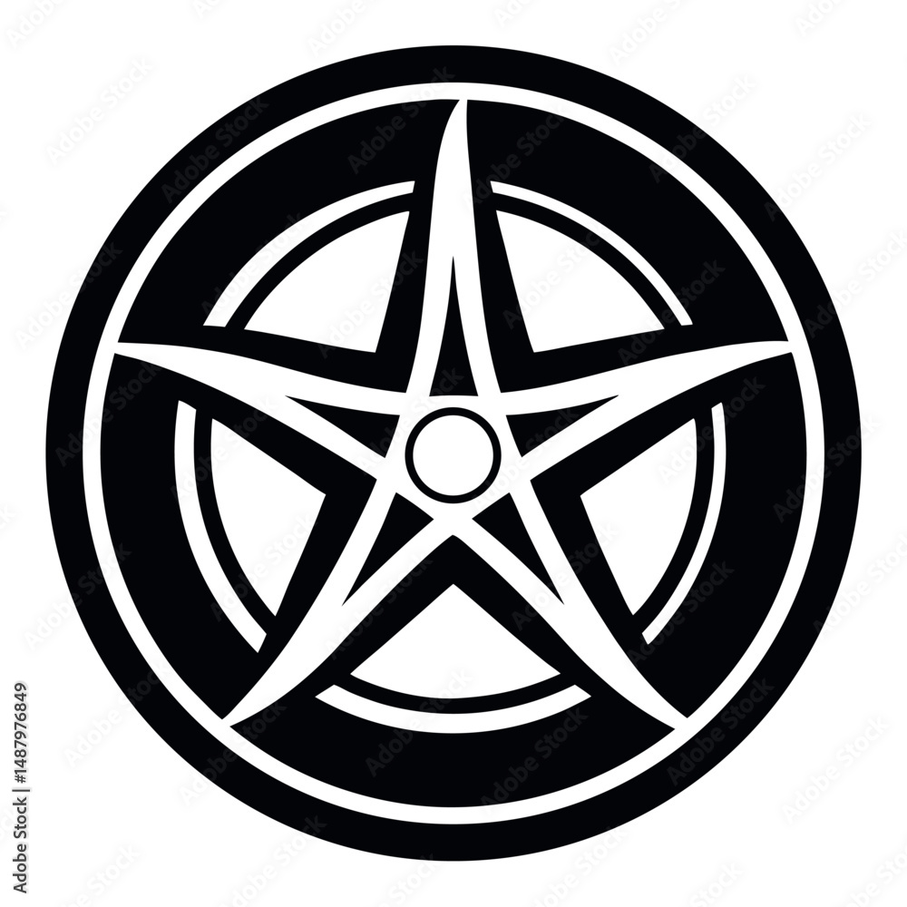 Obraz premium A stylized, graphic black and white image of a car wheel.