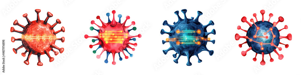 Colorful digital renderings of virus particles with spike proteins and internal structures. Colorful digital renderings of virus particles with spike proteins and internal structures.