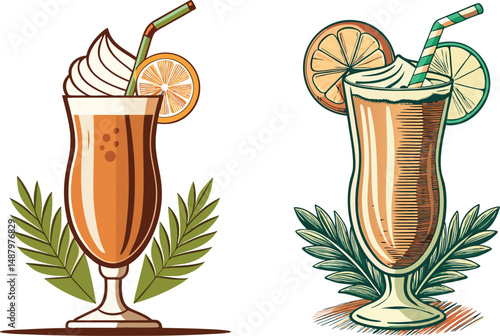 Two creamy iced drinks with fruit and straws garnished with tropical leaves, A pair of refreshing summer beverages illustrated in a vintage style vector illustration