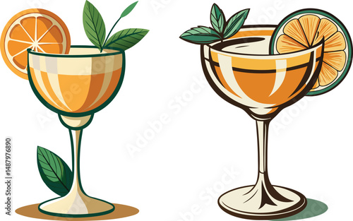 Refreshing cocktails garnished with orange slices and mint leaves in elegant glasses, vector illustration of two citrus cocktails featuring orange slices and mint garnishes served in stemmed glasses 