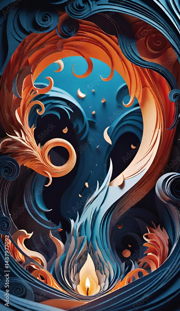Abstract Papercut Art: A Harmonious Dance of Blue Swirls and Fiery Orange, Illuminating a Mystical Flame. Abstract Papercut Art: A Harmonious Dance of Blue Swirls and Fiery Orange, Illuminating a Mystical Flame.