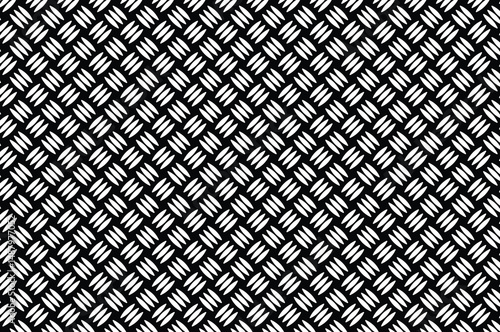 Abstract black and white geometric pattern with repeating diamond shapes and diagonal elliptical accents. Minimalist, flat 2D seamless texture for modern backgrounds.