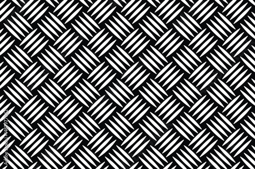Abstract black and white geometric pattern with repeating diamond shapes and diagonal elliptical accents. Minimalist, flat 2D seamless texture for modern backgrounds.