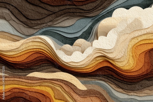 Textured Ground Layers Formations Showcasing Earth Tones with Layered Effect and Wavy Horizontal Ridges Topography