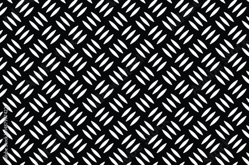 Abstract black and white geometric pattern with repeating diamond shapes and diagonal elliptical accents. Minimalist, flat 2D seamless texture for modern backgrounds.