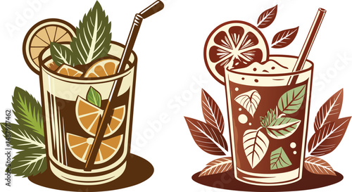Refreshing iced drinks with orange slices and mint leaves garnished with straws vector illustration, A stylized illustration of two glasses of iced beverages featuring citrus fruit and mint