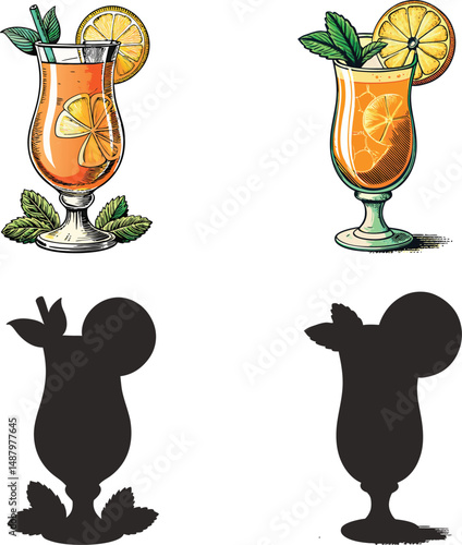 Two refreshing summer cocktails orange slices mint leaves and straws in hurricane glasses illustrated with silhouettes