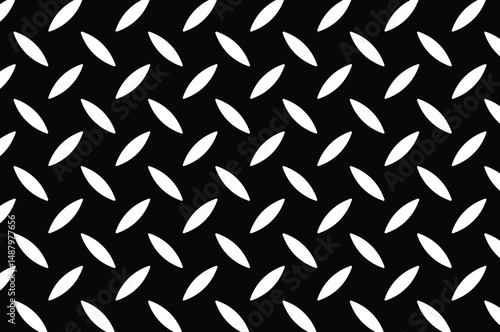 Abstract black and white geometric pattern with repeating diamond shapes and diagonal elliptical accents. Minimalist, flat 2D seamless texture for modern backgrounds.