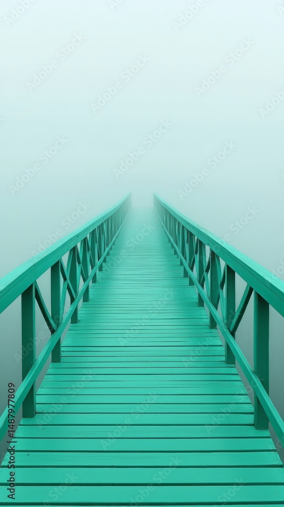 Escape exit minimalist. A long turquoise bridge stretches into thick fog, disappearing into the mist for a surreal, tranquil scene. Escape exit minimalist. A long turquoise bridge stretches into thick fog, disappearing into the mist for a surreal, tranquil scene.