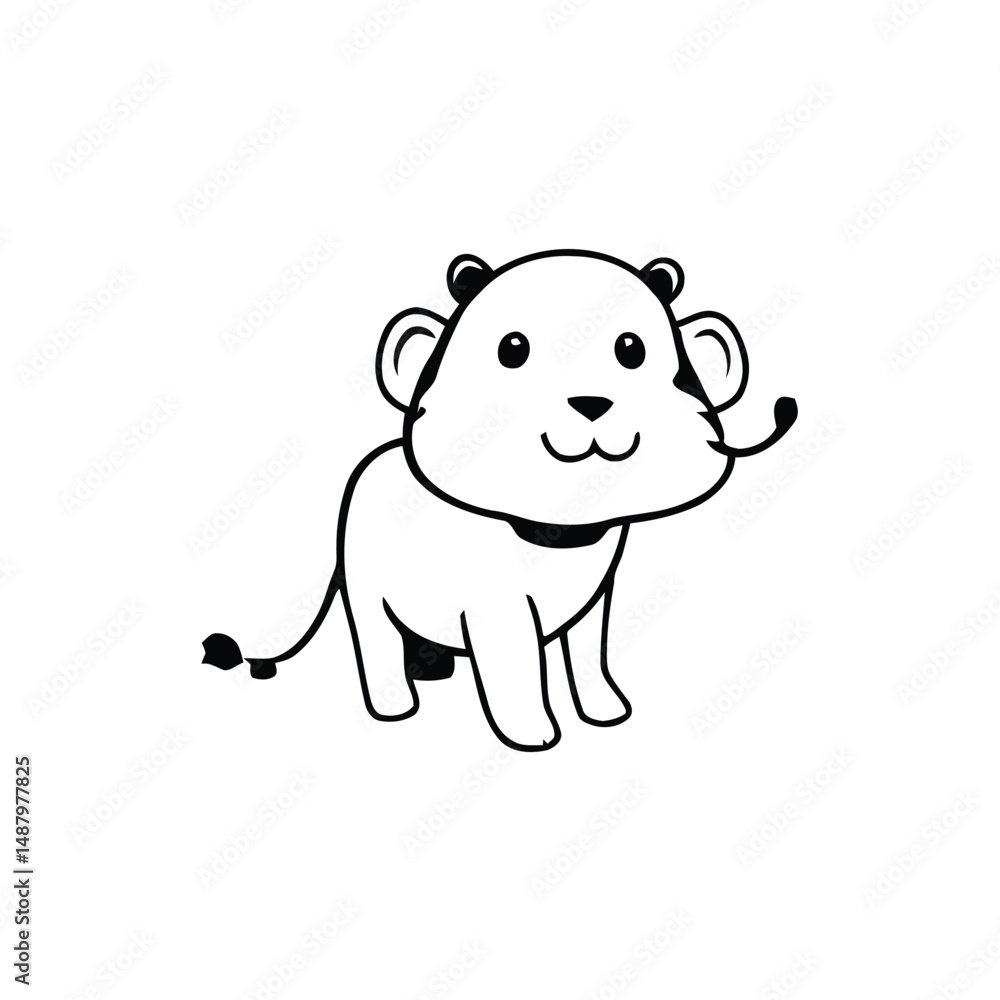Fototapeta premium Cute Lion Cub Cartoon, Playful Baby Animal Illustration, Adorable Furry Character with Round Features, Minimalist Black and White Vector