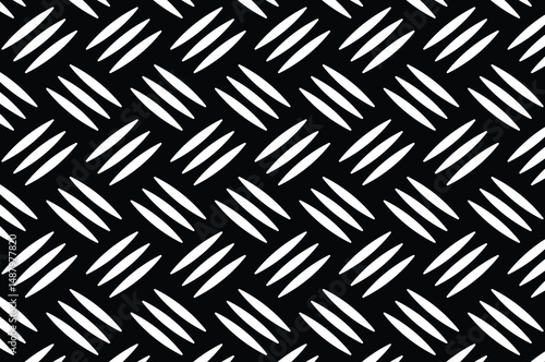 Abstract black and white geometric pattern with repeating diamond shapes and diagonal elliptical accents. Minimalist, flat 2D seamless texture for modern backgrounds.