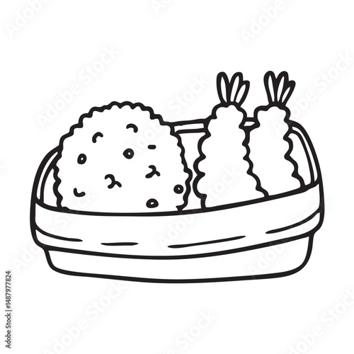 A vegetable tempura beside rice ball on a lunch box