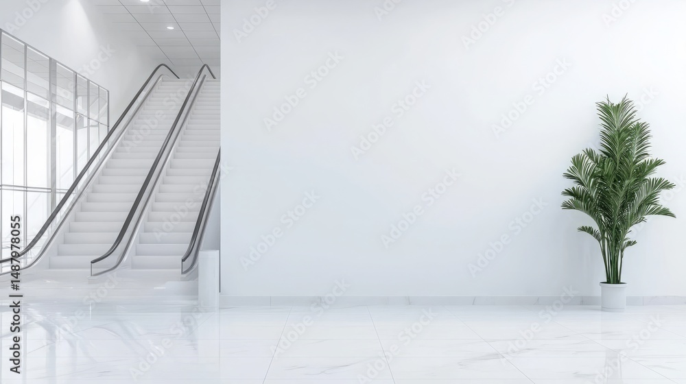 Obraz premium Escape exit minimalist. A clean, modern interior with a white escalator, glossy floor, and a potted plant against a minimalist wall.