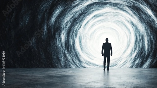 Escape exit minimalist. A person stands before a swirling, glowing portal, facing the unknown in a dark, mysterious environment.