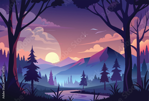 Silhouette twilight forest landscape background