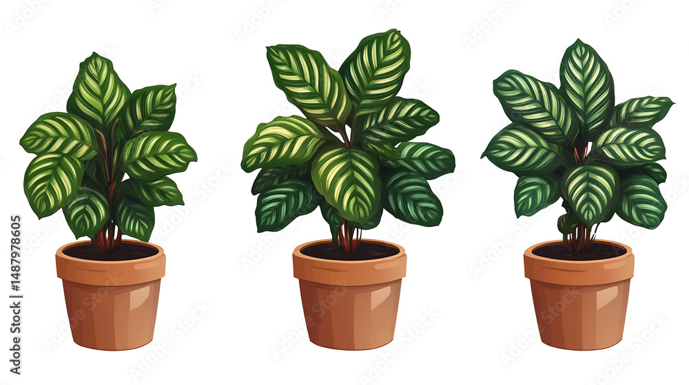 Obraz premium Three vibrant Calathea plants in terra cotta pots bringing life and tranquility to your on transparent background