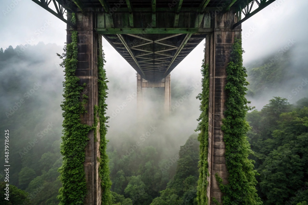 Fototapeta premium fog-covered bridge with overgrown support columns