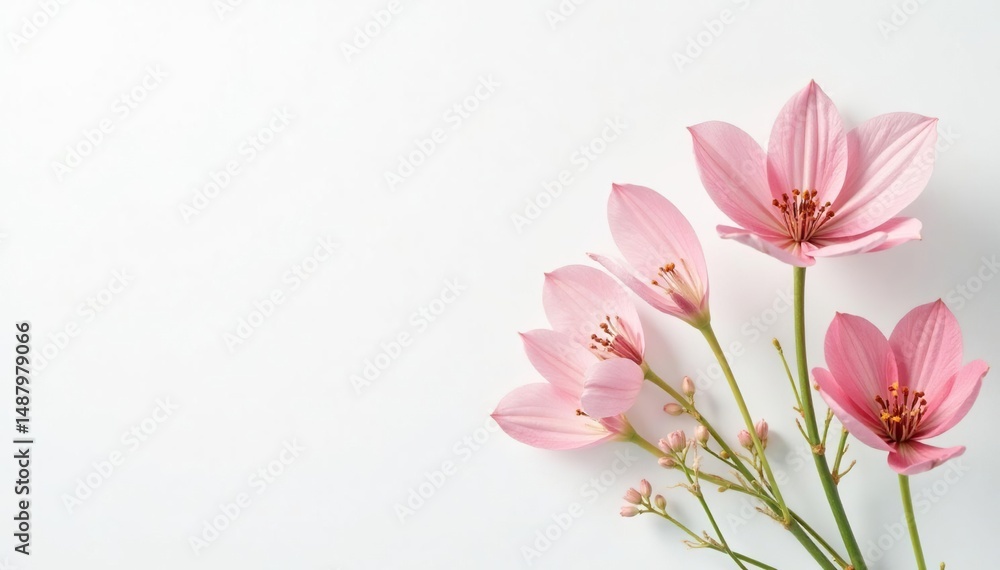 Fototapeta premium Delicate, minimalist floral sprigs on white backdrop, spring pattern, minimal