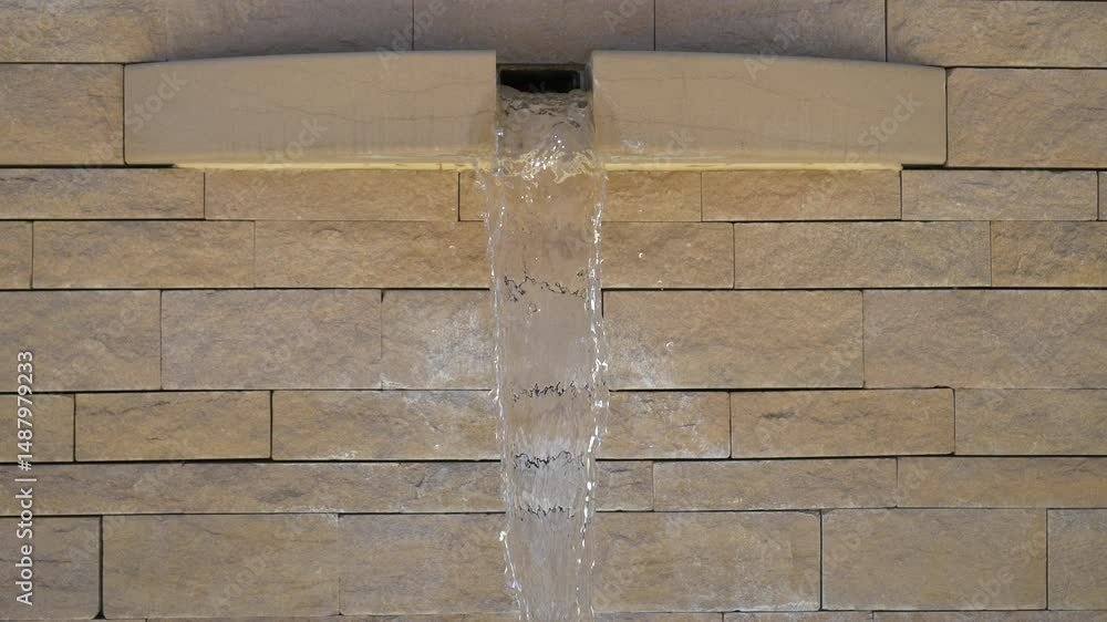 Jet d’eau clair tombant d’un bec encastré dans un mur en pierre beige, vue frontale en plein jour, ambiance zen et rafraîchissante, design architectural moderne et minimaliste