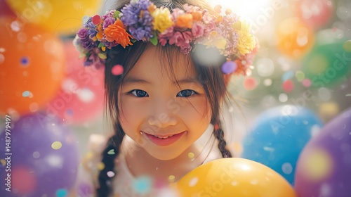A joyful child in a flower crown with balloons and confetti, celebrating International Children's Day with pure happiness.