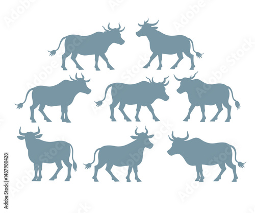 Eight Blue Silhouettes of Cattle in Various Poses
