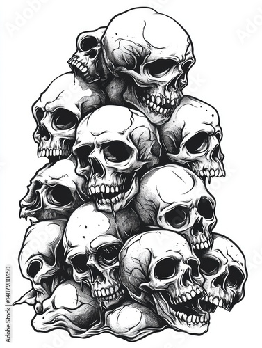 A graphic design of skulls in a stacked pile.