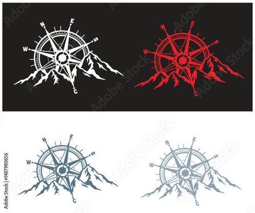 Compass Rose Over Majestic Mountains Graphic Design