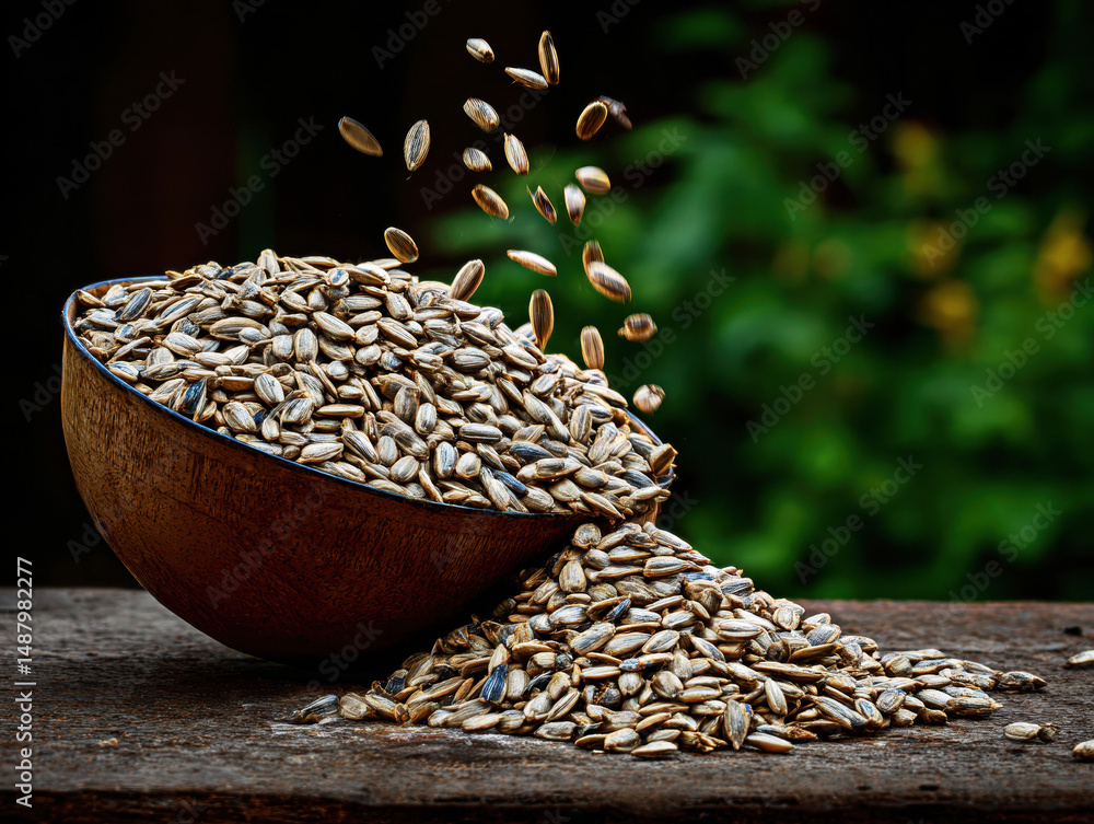 Obraz premium A bowl overflowing with sunflower seeds, capturing the essence of natural harvest.