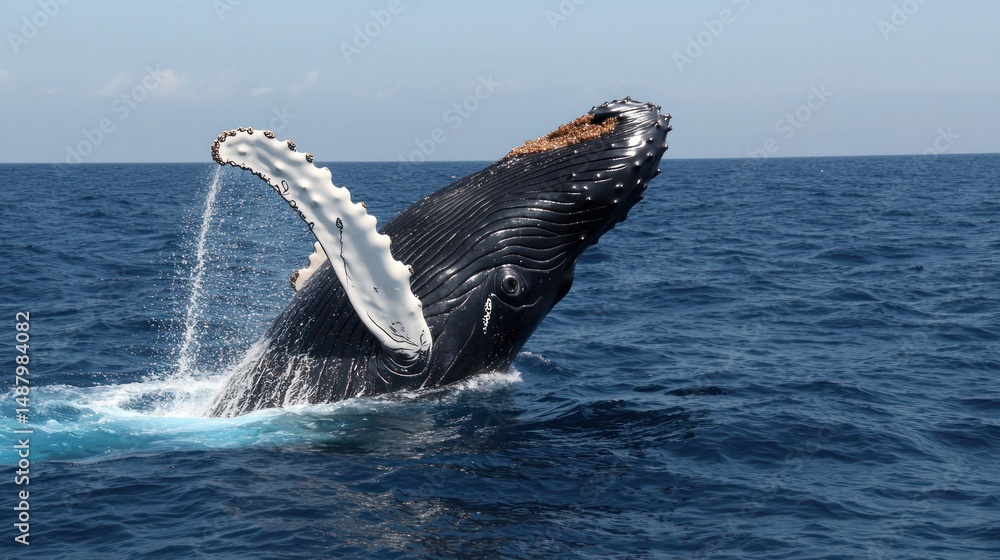 Fototapeta premium Humpback whale breaching the ocean surface, showcasing its majestic form against a clear sky