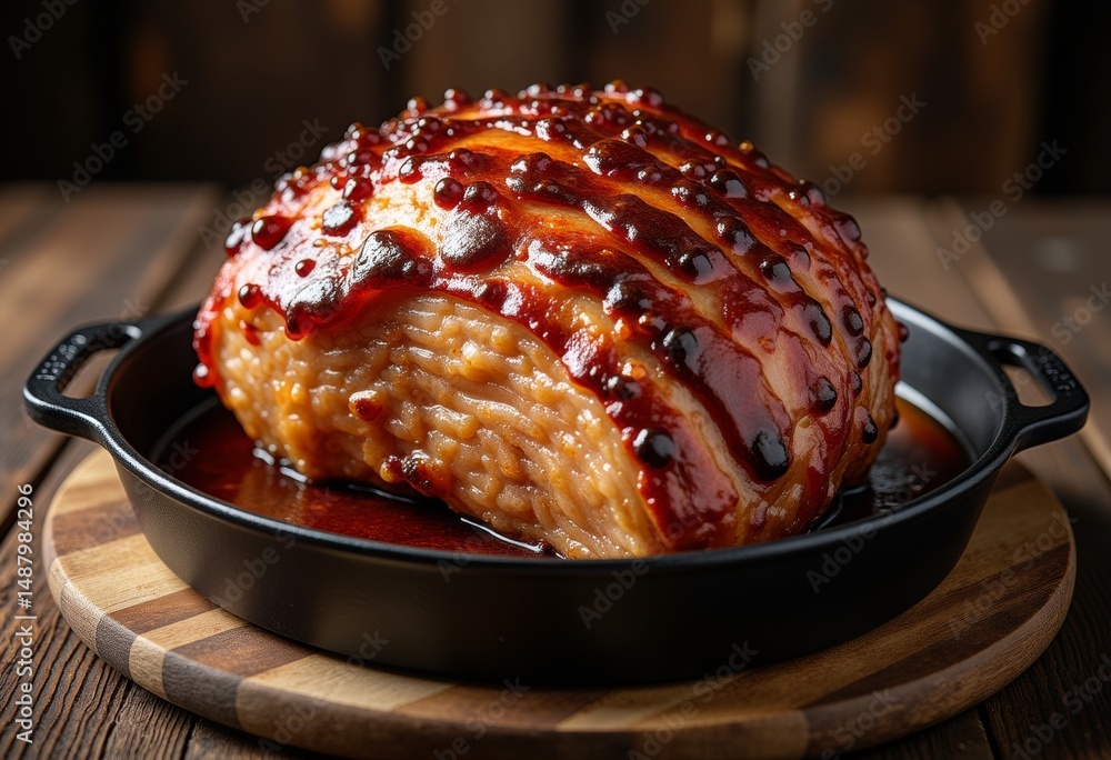 Fototapeta premium Oven-baked ham with brown sugar glaze in a cast iron skillet 