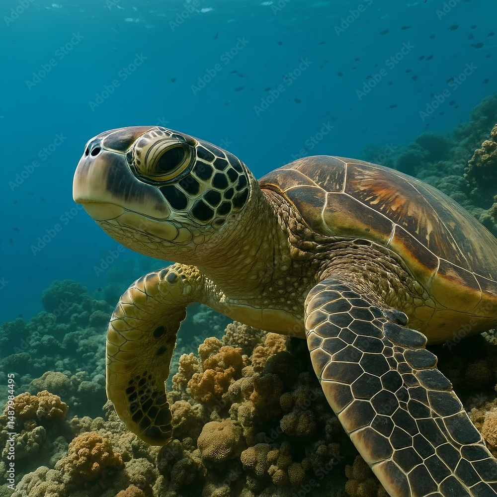 Obraz premium Sea turtle close up near coral reef underwater
