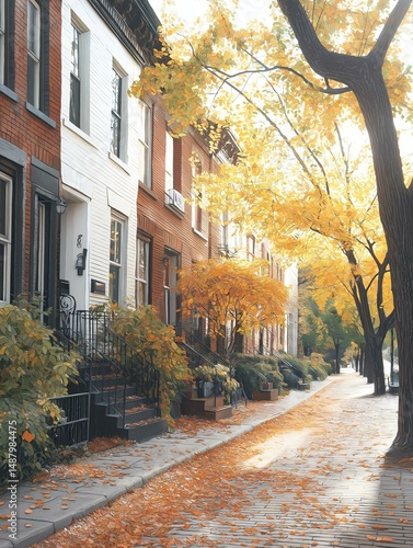 Digital illustration of a street in a residential neighborhood during autumn. the street is lined with brick buildings on both sides, with a row of terraced houses on the left side.