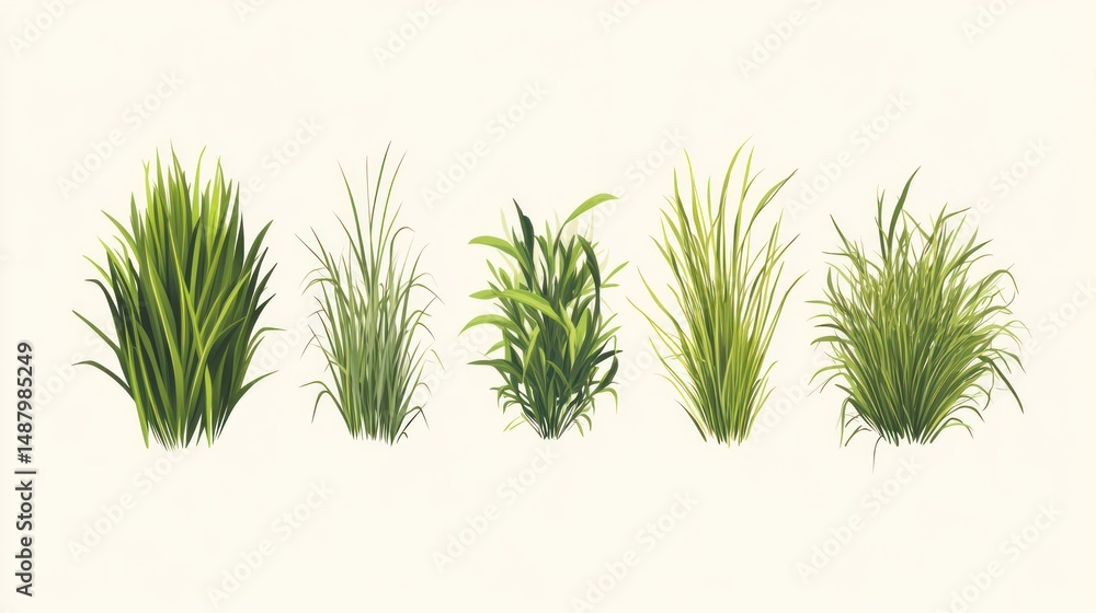 Fototapeta premium Five Varieties of Lush Green Grasses