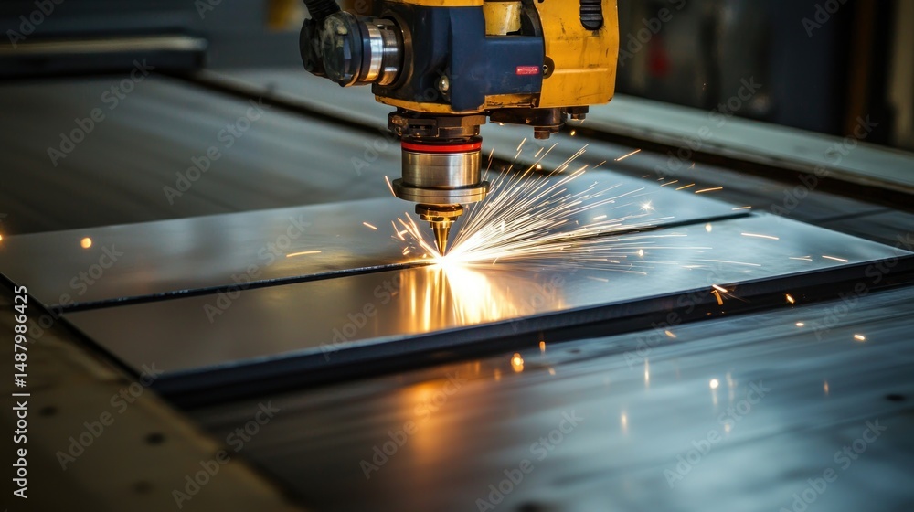 Industrial laser cutting process in a workshop with sparks flying and metal sheets being processed Industrial laser cutting process in a workshop with sparks flying and metal sheets being processed
