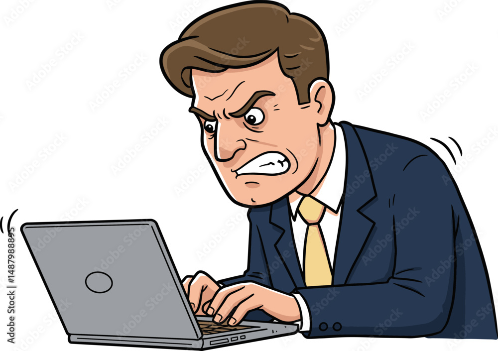 Frustrated Businessman Working on Laptop, Angry Expression, Stress, Computer Problems, Deadline Pressure Frustrated Businessman Working on Laptop, Angry Expression, Stress, Computer Problems, Deadline Pressure