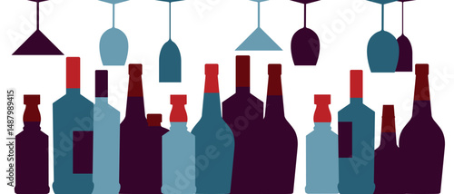 Banner for bar, restaurant, sommelier, wine list, alcohol collection. Vector flat design of wine bottle, glasses, drink party