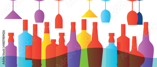 Bar counter, pub poster, wine list, menu, alcohol collection. Vector design flat, wine bottles, glasses, whiskey, brandy, rum, strong alcohol