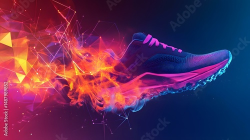 Energized Sprint: A single running shoe bursts with vibrant energy, creating a visual explosion of speed and motion, perfect for highlighting athletic dynamism.